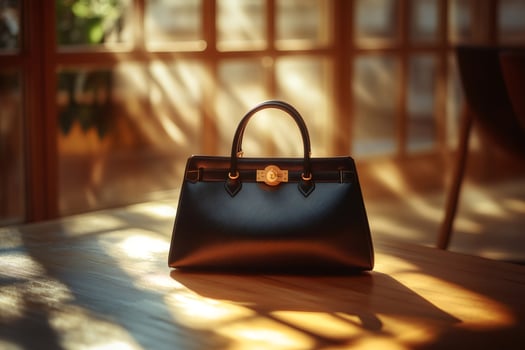 Elegant black leather handbag resting on wooden table in sunlit room photo