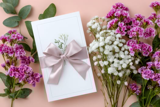 Wedding invitation card with pink ribbon and gypsophila flowers on pink background photo