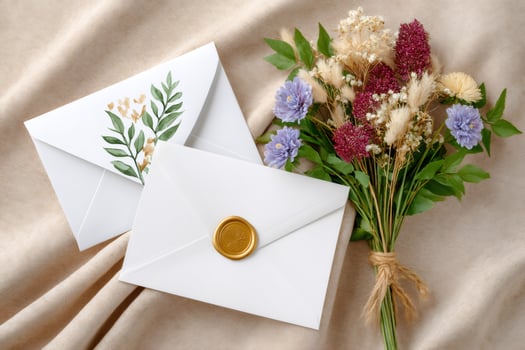 Elegant wedding stationery and dried flowers bouquet lying on beige linen fabric photo