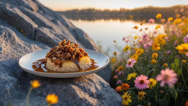 Delicious Caramel Dessert with Nuts Enjoyed Outdoors Near Flowers and Lake photo