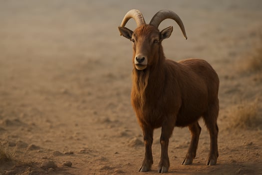 a ram standing in the dirt with long horns photo