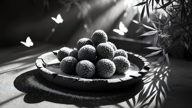 Arrangement of Round Fruit on Plate with Butterflies and Plant Shadow photo