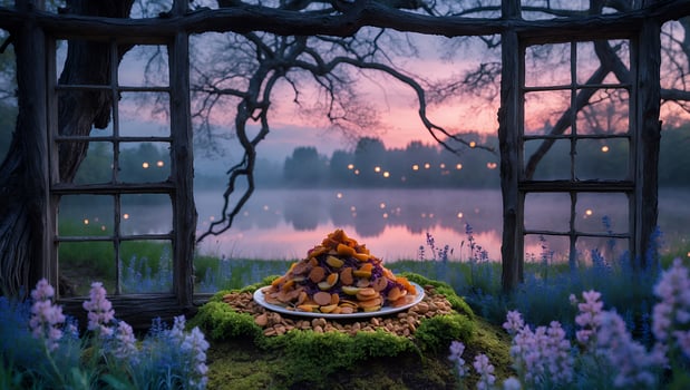 Pancakes and Fruit by the Lake at Dusk Through Window Frame photo