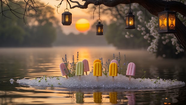 Popsicles on Ice in Lake at Sunrise with Hanging Lanterns photo