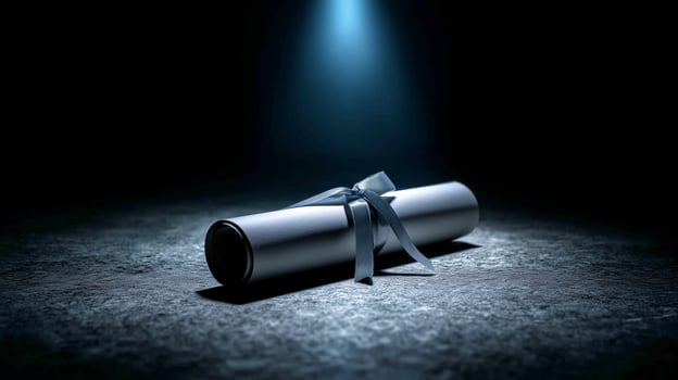 A rolled diploma secured with a delicate satin ribbon rests on a textured surface under a soft spotlight, symbolizing achievement and celebration of education. photo