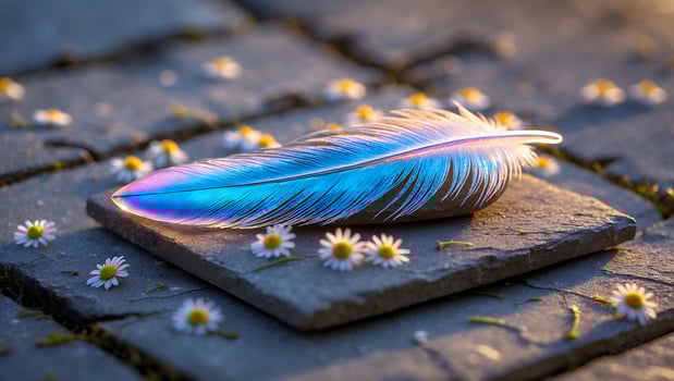 Colorful Feather on Stone with Daisies Around photo