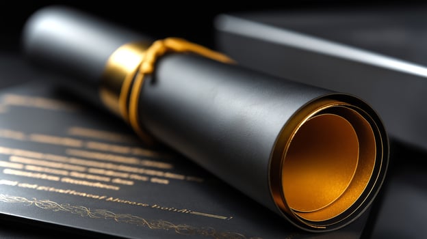 A diploma holder is showcased with a luxurious golden interior, symbolizing achievement and success at a graduation ceremony, exuding elegance and pride. photo