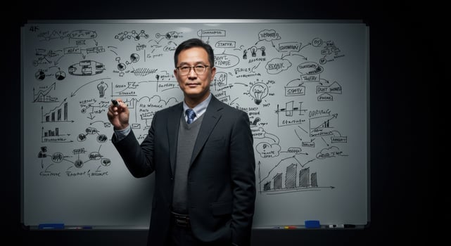 Asian Businessman Writing Business Strategy on Whiteboard photo
