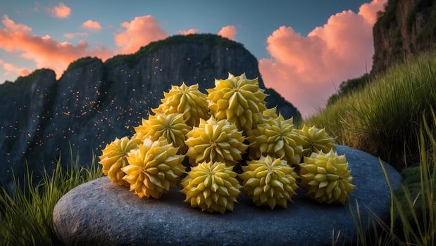 Yellow Fruit Cluster on Rock in Mountain Landscape photo
