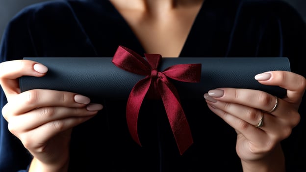 Hands hold a rolled diploma elegantly tied with a scarlet ribbon, symbolizing achievement and recognition during a celebration of graduation. photo