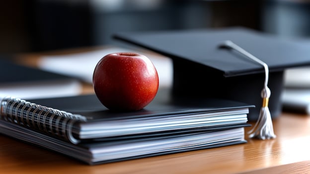 A graduation cap rests on a bright apple placed atop stacked notebooks, surrounded by stationery in a study setting, signifying academic achievement. photo