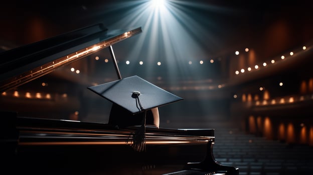 A graduation cap rests on the lid of a grand piano under soft stage lights, creating a serene atmosphere at a formal ceremony held in an elegant venue. photo