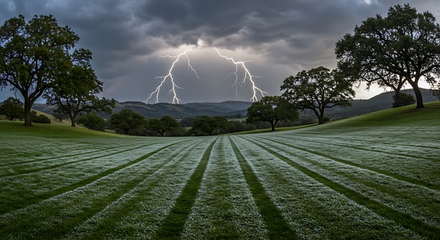 Striking Lightning Over Rolling Green Hills with Moody Storm Clouds photo