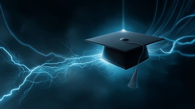A graduation cap hovers amid bright blue electrical arcs, symbolizing achievement and energy, creating an inspiring educational theme. photo