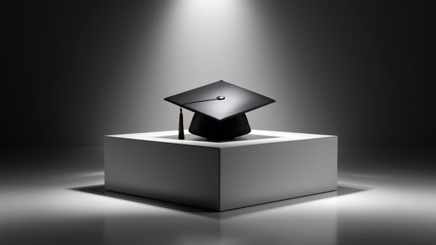 A black graduation cap sits prominently on a white pedestal, illuminated by focused light, symbolizing academic achievement and celebration in a refined atmosphere. photo