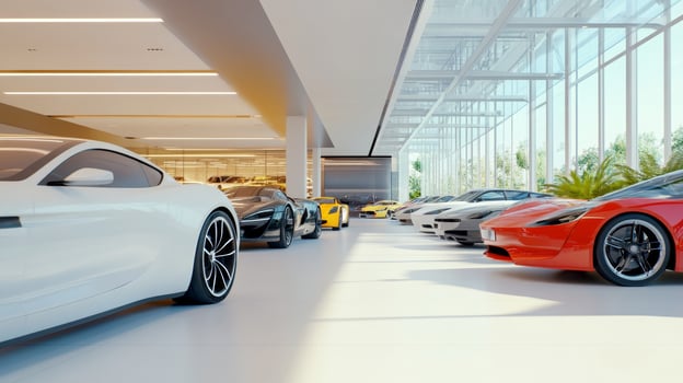 Modern dealership showcases innovative concept cars in a bright, stylish setting with large windows photo