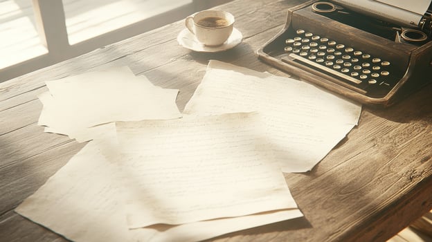 Crumpled papers and a vintage typewriter on a desk show the chaos of late-night creativity photo