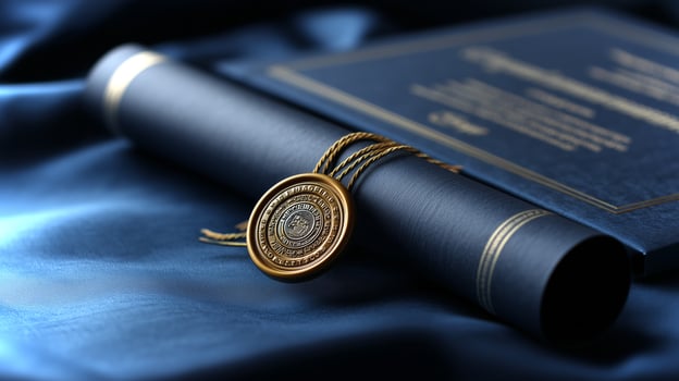 A diploma is beautifully showcased in a satin-lined case, featuring a prominent gold seal that symbolizes academic excellence and achievement. photo