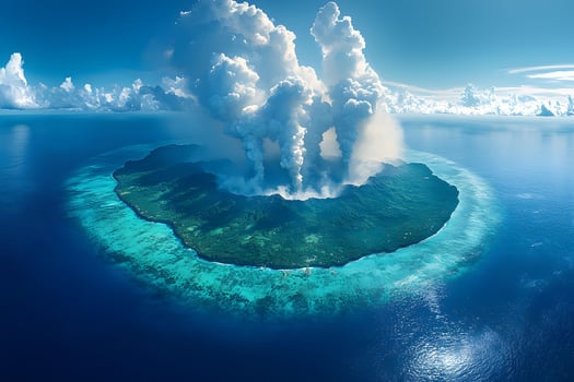 Volcanic Eruption on Remote Tropical Island Surrounded by Turquoise Waters photo
