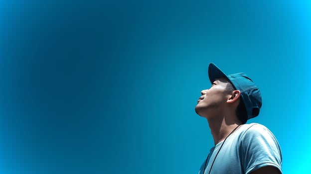 A young man stands in profile, looking up at a vibrant blue sky, exhibiting a sense of wonder and curiosity amidst a serene outdoor setting. photo