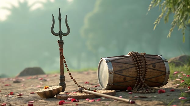 A trident, a damaru drum, prayer beads, and an offering rest on a petal-strewn ground, suggesting Hindu worship of Shiva. photo