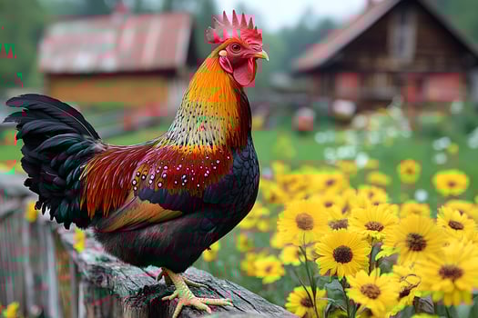 Vibrant Rooster in Rustic Countryside with Bright Yellow Flowers photo