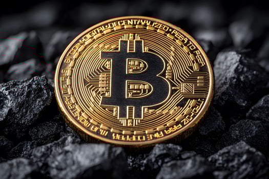 Gold Bitcoin Coin on Dark Rocks Representing Cryptocurrency and Finance Concepts photo