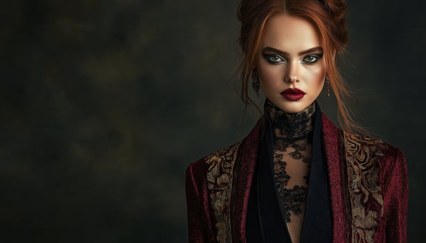 Dramatic Renaissance Inspired Portrait of Woman with Bold Makeup and Red Hair photo