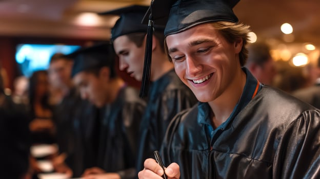 A joyful graduate is signing his yearbook with a pen, celebrating alongside fellow graduates in caps and gowns at a formal event. photo