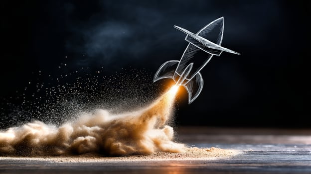 A chalkboard illustration features a rocket launching with a graduation cap hovering above, symbolizing achievement and potential. photo