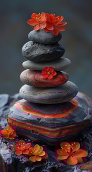 Stones and flowers in harmony. Balanced colorful stones are stacked with delicate red flowers, highlighting nature's beauty and serenity. photo