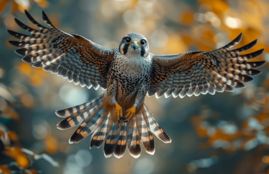 Bird of prey soaring in autumn forest. A majestic hawk glides through a vibrant autumn forest, its wings spread wide against a background of golden leaves. photo