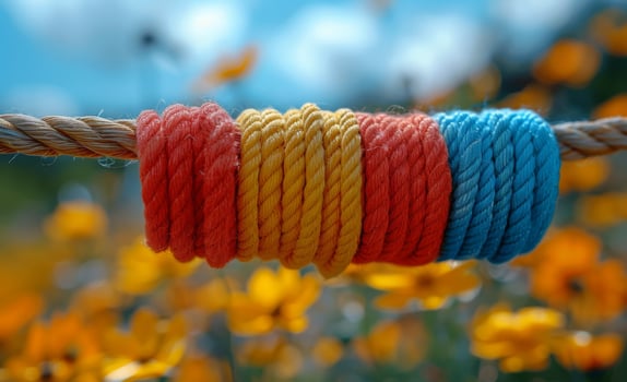 Colorful ropes hung in a vibrant garden. Brightly colored ropes are displayed on a line surrounded by blooming flowers on a sunny day in a garden. photo