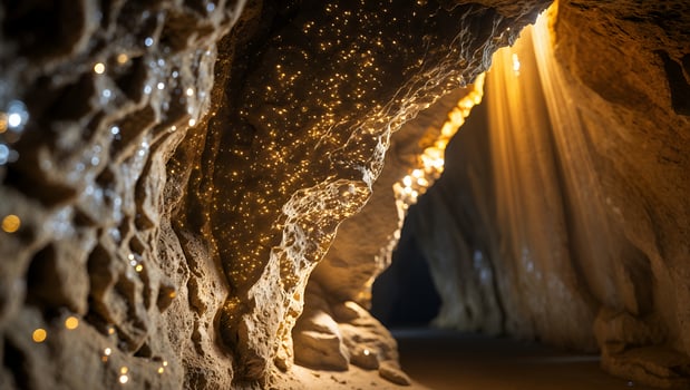 Cave Illuminated by Glow Worms and Light Shafts photo