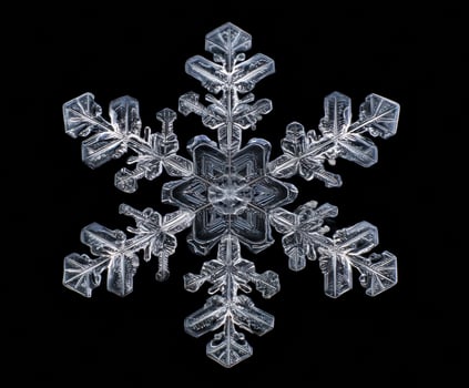 Unique snowflake with intricate crystal structure on black background photo