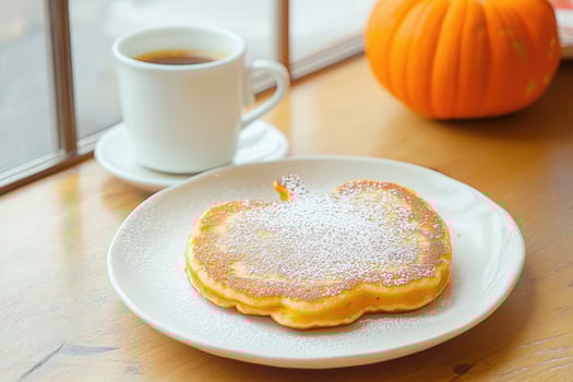 Pumpkin-Shaped Pancake with Coffee and Pumpkin photo
