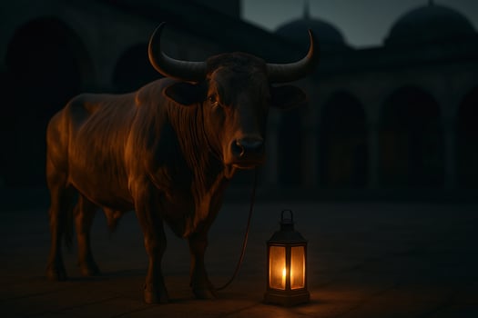 a bull standing next to a lantern photo