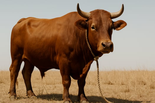 a brown bull standing in a dry field photo