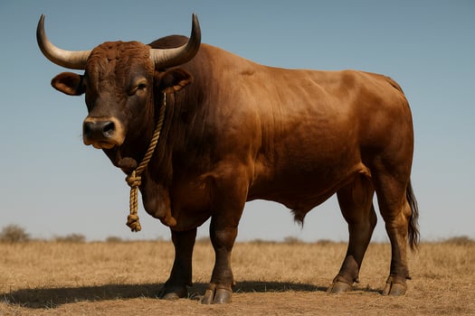 a large brown bull standing in a dry field photo