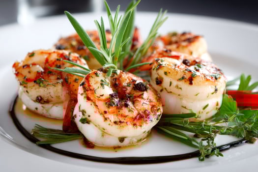 Grilled shrimps with herbs and spices decorating a white plate photo