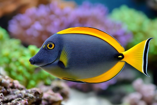 Yellow eyed kole tang swimming in coral reef aquarium photo
