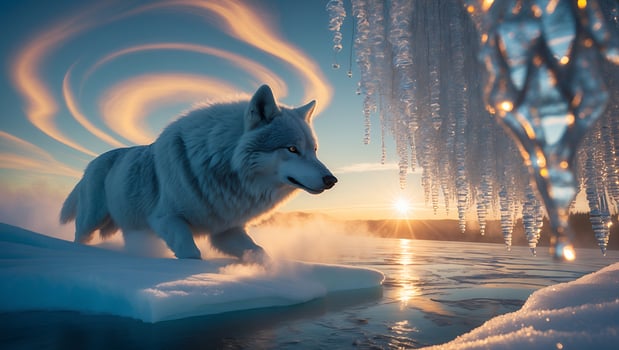 Wolf on Ice Near Water with Icicles and Sunset photo