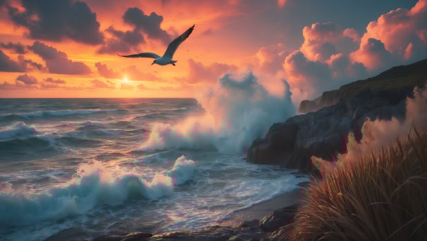 Seagull Flying Over Ocean Waves at Sunset photo