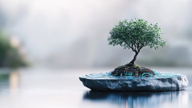 Technological bonsai tree on circuit stone island, nature meets innovation in a misty landscape of harmony and creativity. Symbiosis of nature and technology photo