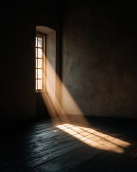 A room with sunlight shining through a window photo