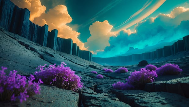 Strange Landscape with Purple Flowers, Dark Rocks and Orange Clouds photo