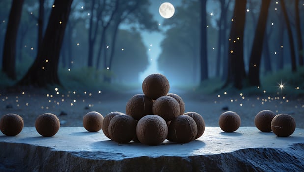 Spheres on Stone with Forest Background and Moon photo