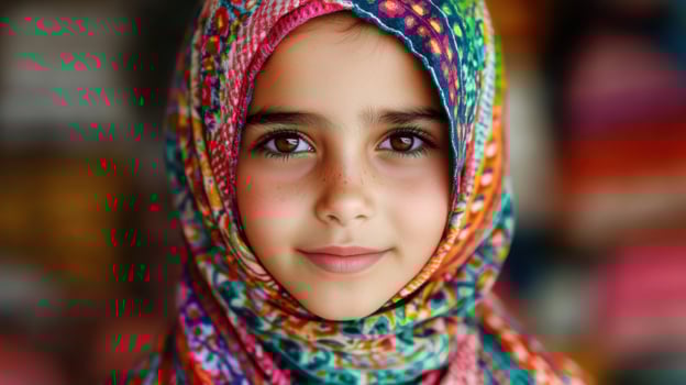Radiant Child in Colorful Hijab A Portrait of Innocence and Culture photo