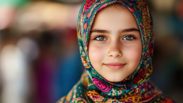 Portrait of a Young Girl Wearing a Colorful Hijab, Exuding Innocence and Grace photo