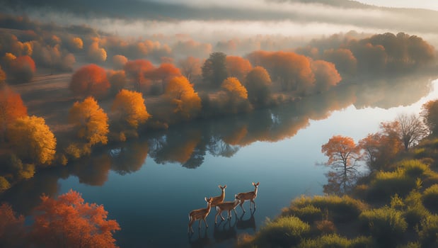 Deer Standing in Water Surrounded by Autumn Trees and Fog photo